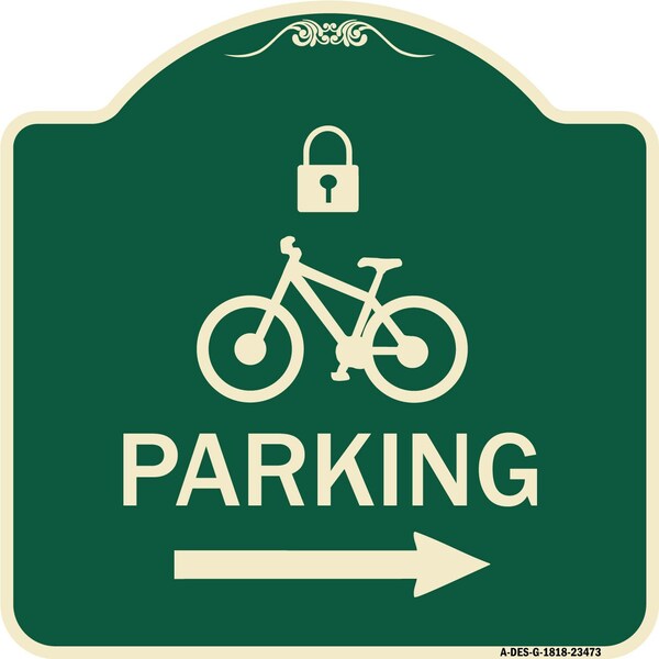 Parking W/ Lock Cycle & Right Arrow Heavy-Gauge Aluminum Architectural Sign, 18" x 18", G-1818-23473
